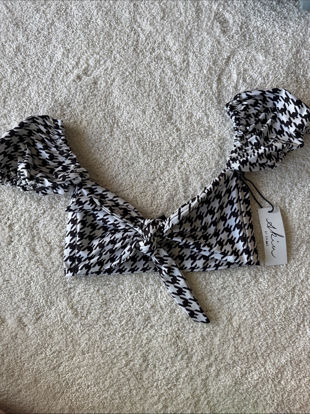 Skin by Same Black & White Houndstooth Tie-Front Bikini Top